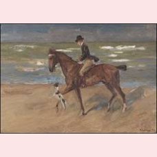 Rider on the beach with fox terrier